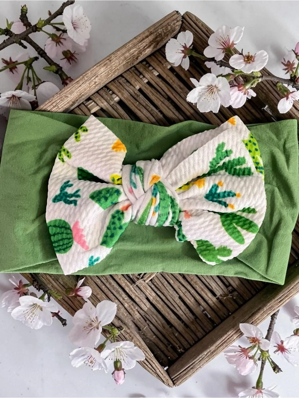 Baby & Toddler Oversized Cactus Bow Desert Blooms & Cacti Headband – Sage Green